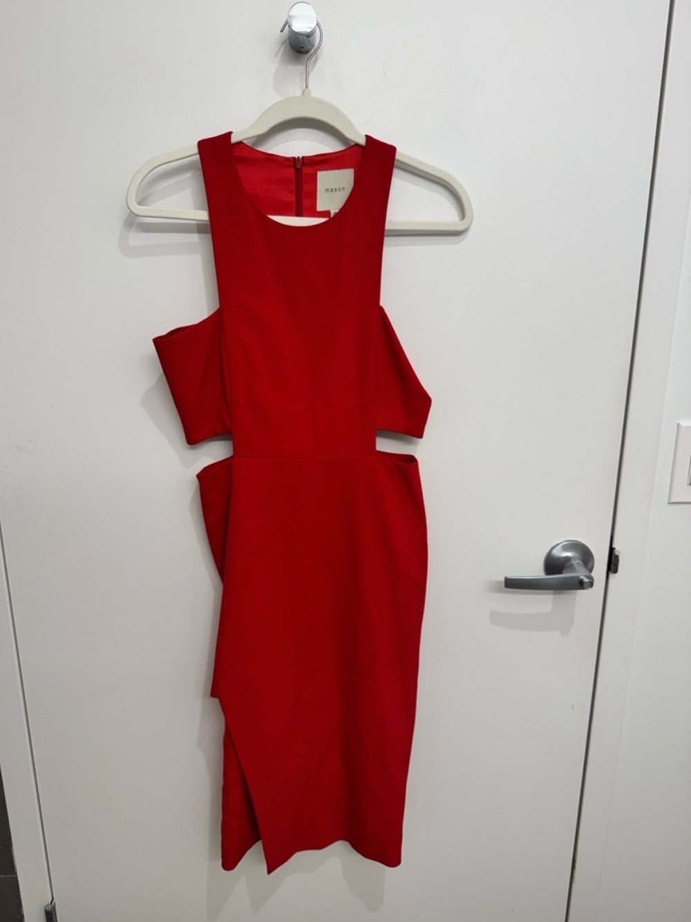 Mason Bold Red Asymmetrical Cutout Midi Dress